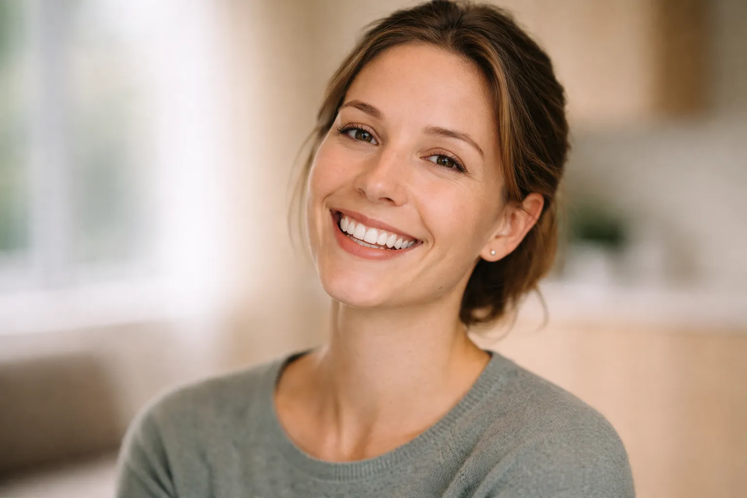 Dame med strålende smil etter Invisalign-behandling